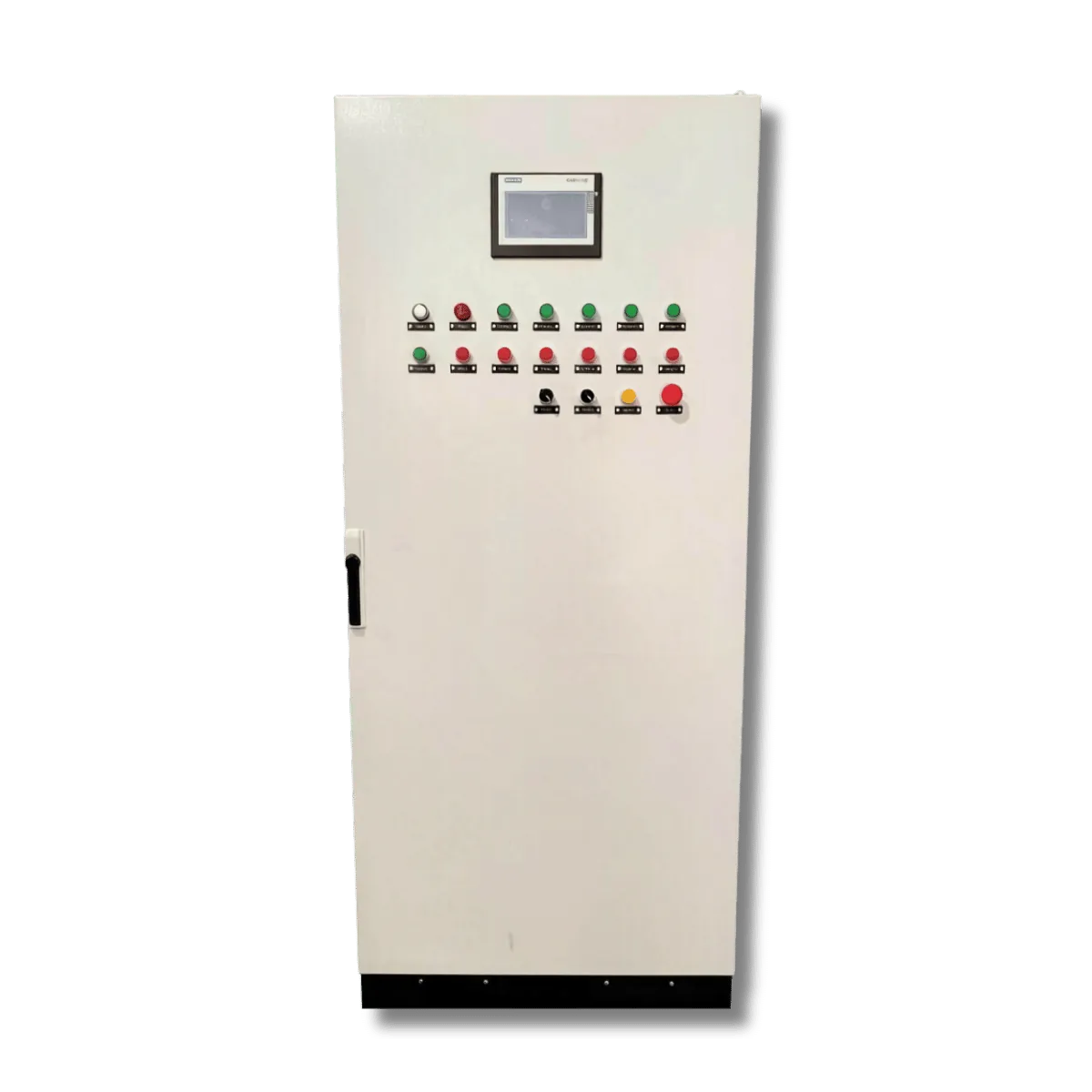 PLC 控制柜整机正面（柜门带触摸屏与指示灯）